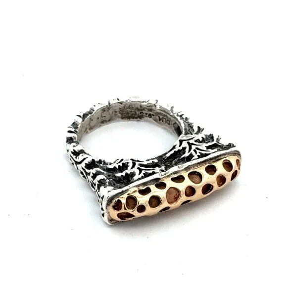 Designer Dian Malouf 925 Sterling Silver 14K Ylw Gold Brutalist Stackable Ring